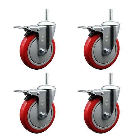 Service Caster 5 Inch Red Polyurethane Swivel 58 Inch Threaded Stem Caster Set with Total Lock Brake SCC-TSTTL20S514-PPUB-RED-58212-4